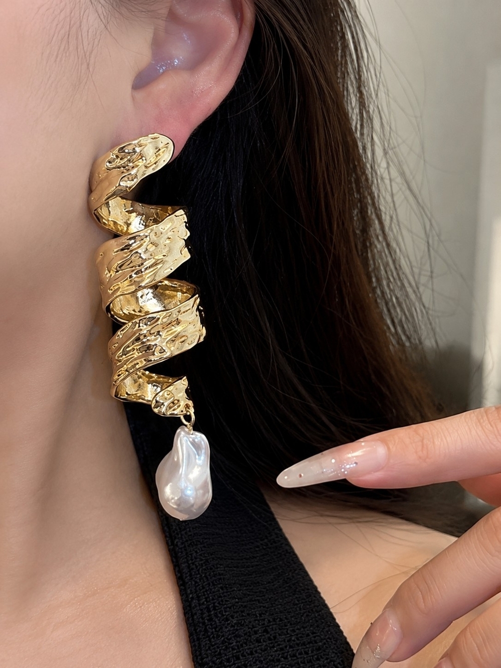 Gold Spiral Pearl Drop Earrings - Women Jewelry